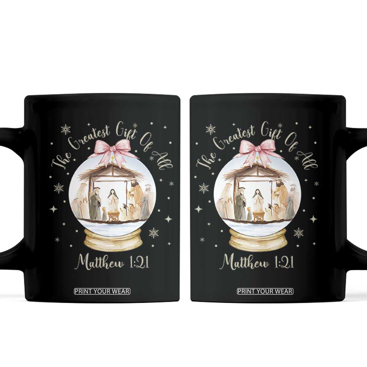 Nativity Scene Christmas Coffee Mug The Greatest Gift of All Christian Coquette Bow Matthew 1:21 TS10 Black Print Your Wear