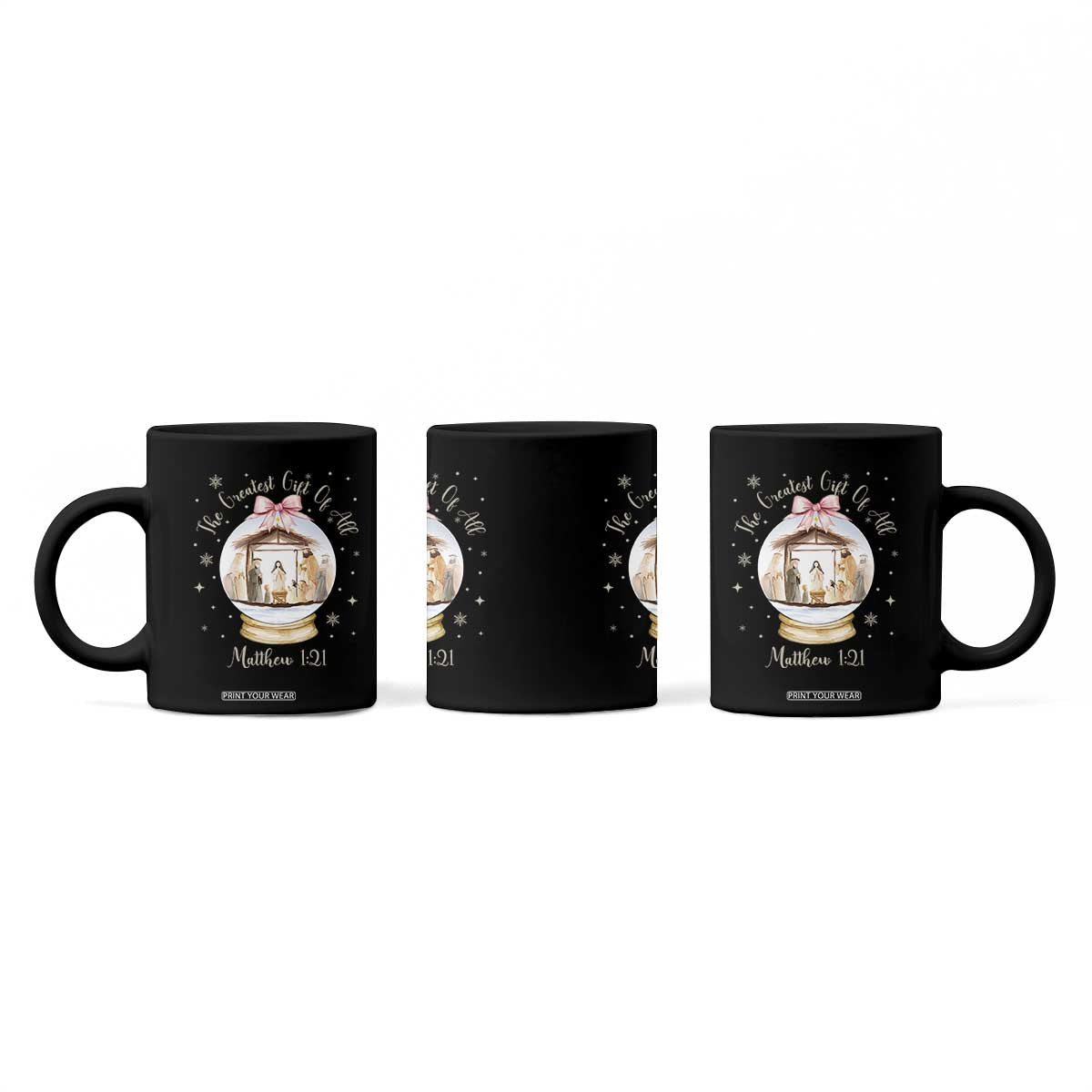 Nativity Scene Christmas Coffee Mug The Greatest Gift of All Christian Coquette Bow Matthew 1:21 TS10 Print Your Wear