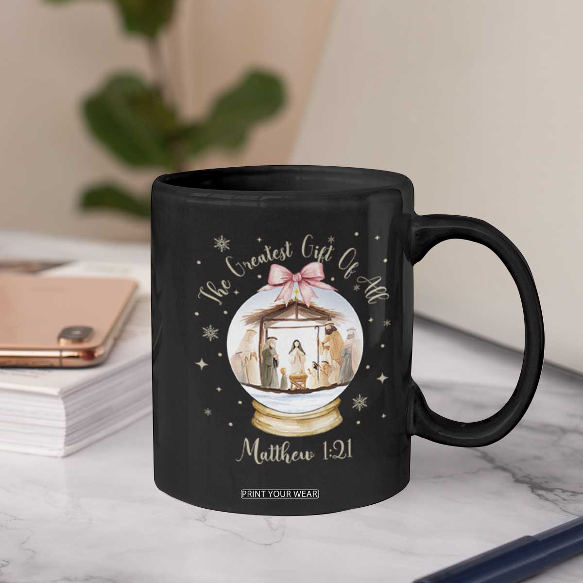 Nativity Scene Christmas Coffee Mug The Greatest Gift of All Christian Coquette Bow Matthew 1:21 TS10 Print Your Wear