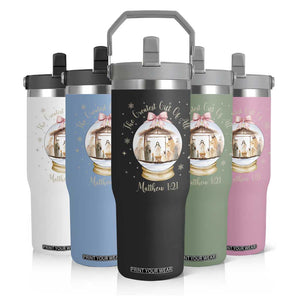 Nativity Scene Christmas Flip Straw Tumbler The Greatest Gift of All Christian Coquette Bow Matthew 1:21 TS10 Print Your Wear