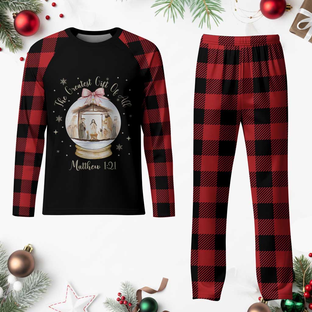 Nativity Scene Christmas Plaid Pajama Set The Greatest Gift of All Christian Coquette Bow Matthew 1:21 TS10 Buffalo Plaid Print Your Wear