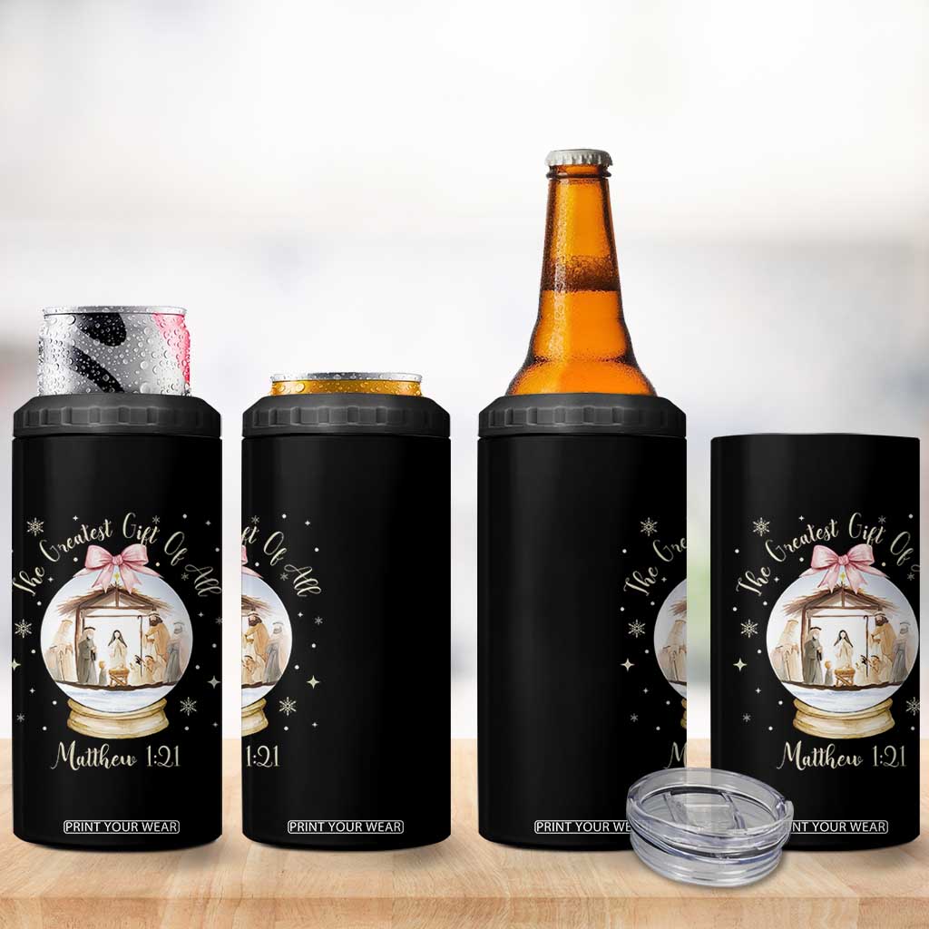 Nativity Scene Christmas 4 in 1 Can Cooler Tumbler The Greatest Gift of All Christian Coquette Bow Matthew 1:21 TS10 Print Your Wear