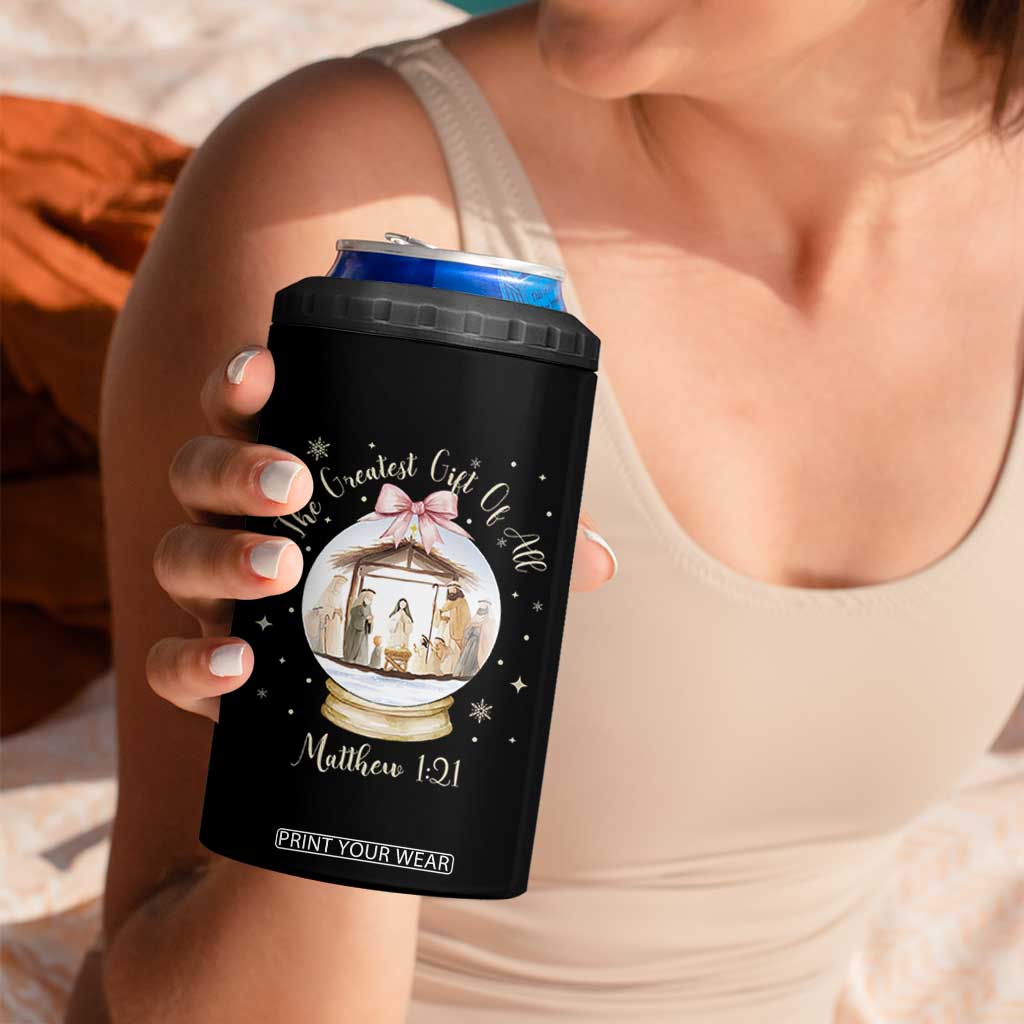Nativity Scene Christmas 4 in 1 Can Cooler Tumbler The Greatest Gift of All Christian Coquette Bow Matthew 1:21 TS10 Print Your Wear