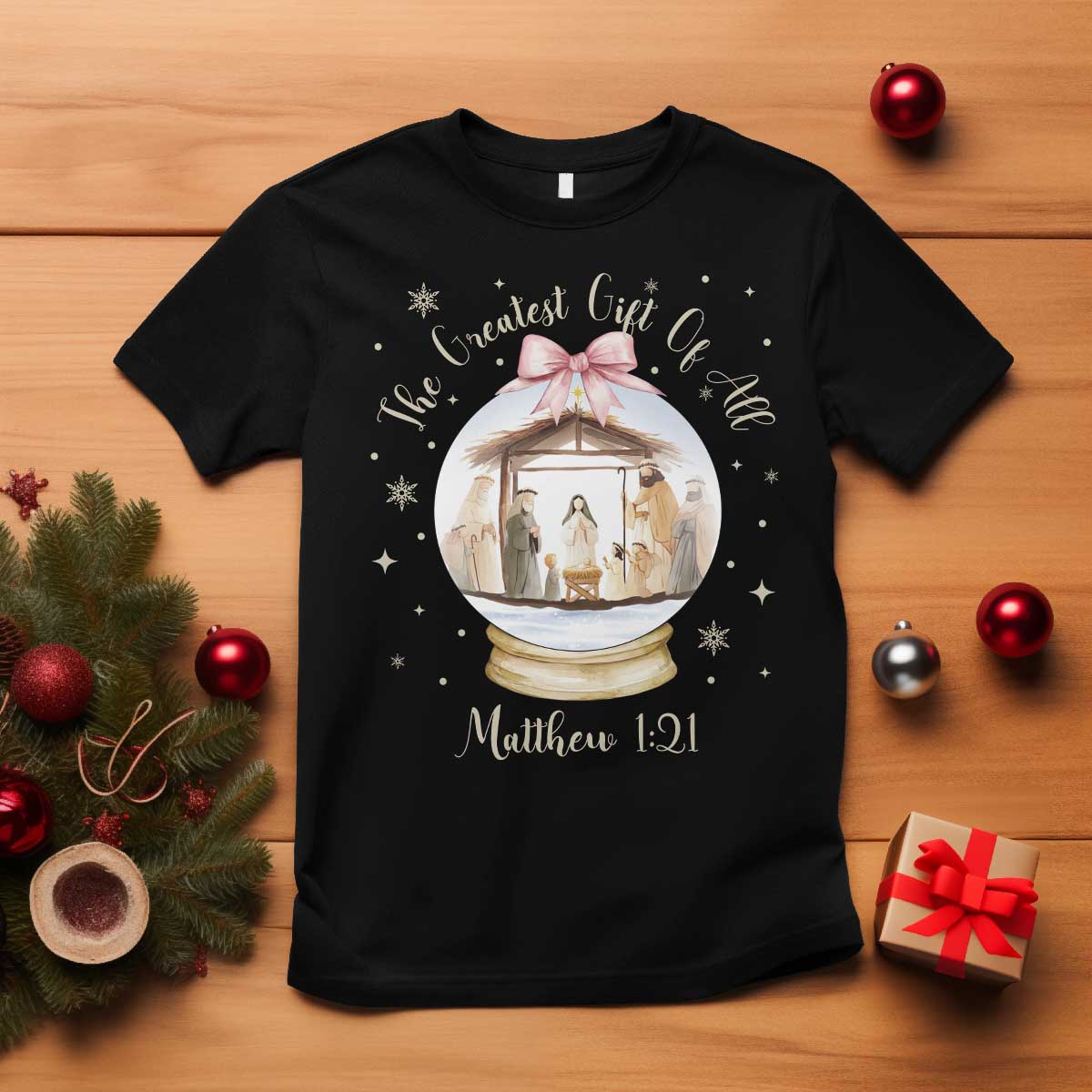 Nativity Scene Christmas T Shirt The Greatest Gift of All Christian Coquette Bow Matthew 1:21 TS10 Black Print Your Wear