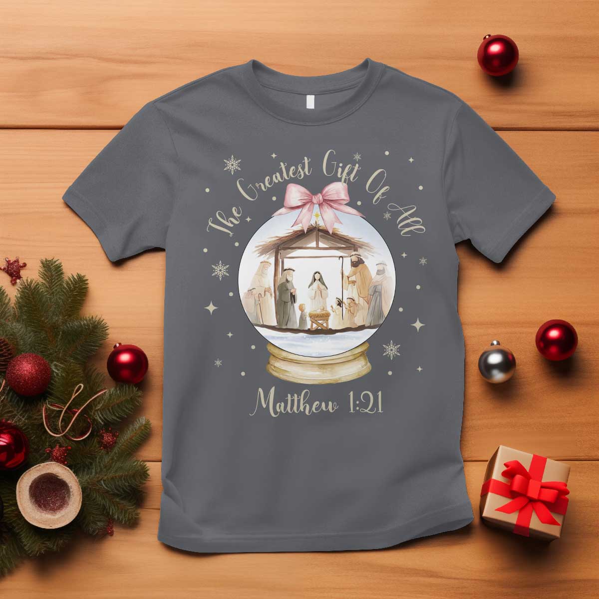 Nativity Scene Christmas T Shirt The Greatest Gift of All Christian Coquette Bow Matthew 1:21 TS10 Charcoal Print Your Wear