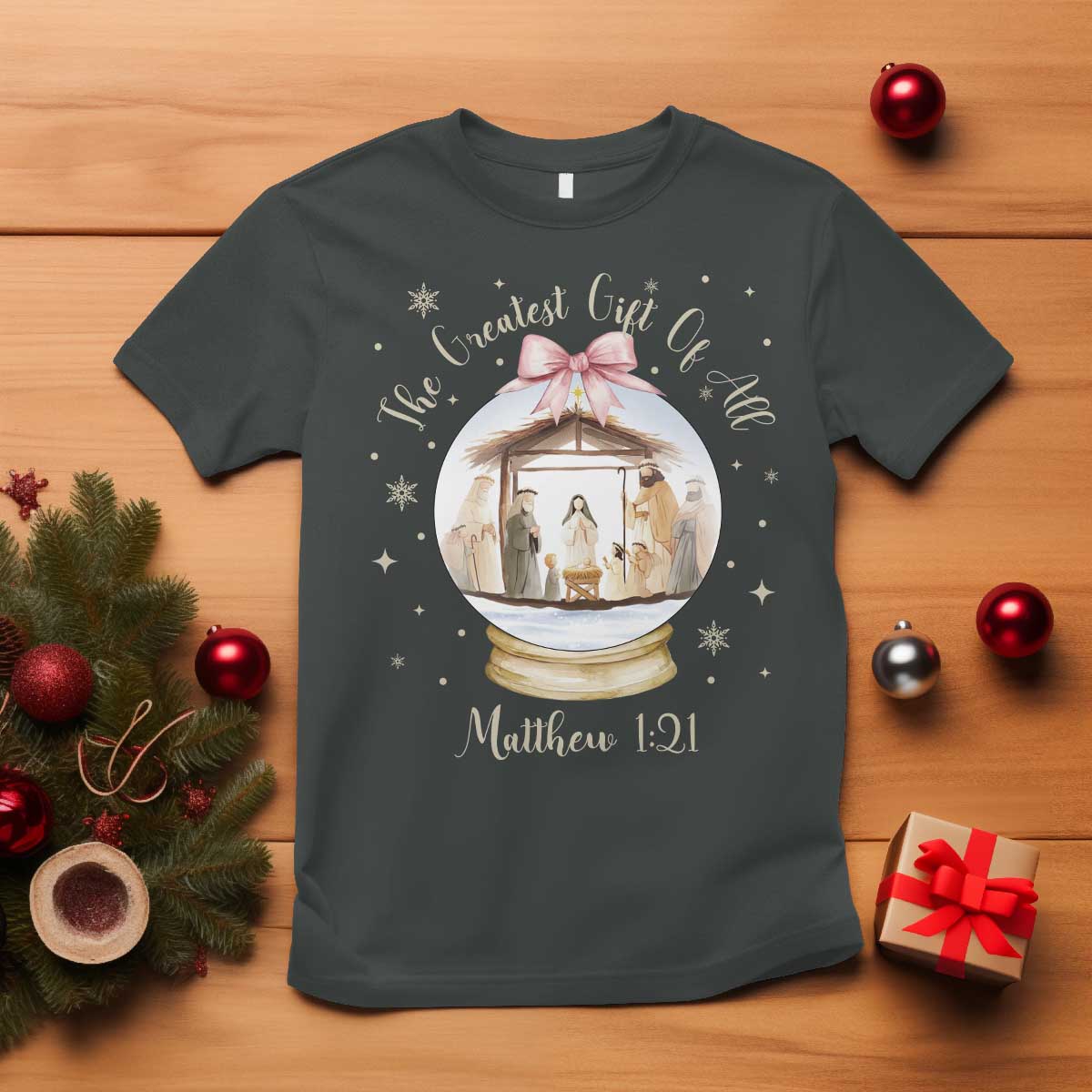 Nativity Scene Christmas T Shirt The Greatest Gift of All Christian Coquette Bow Matthew 1:21 TS10 Dark Heather Print Your Wear