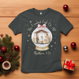 Nativity Scene Christmas T Shirt The Greatest Gift of All Christian Coquette Bow Matthew 1:21 TS10 Dark Heather Print Your Wear