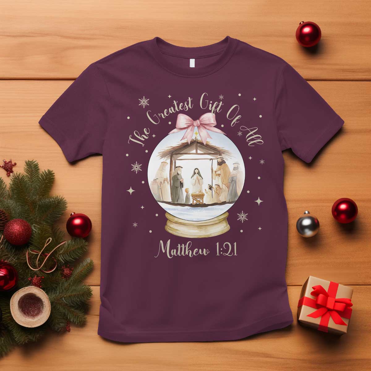 Nativity Scene Christmas T Shirt The Greatest Gift of All Christian Coquette Bow Matthew 1:21 TS10 Maroon Print Your Wear