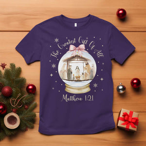 Nativity Scene Christmas T Shirt The Greatest Gift of All Christian Coquette Bow Matthew 1:21 TS10 Purple Print Your Wear