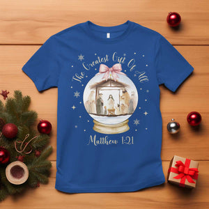 Nativity Scene Christmas T Shirt The Greatest Gift of All Christian Coquette Bow Matthew 1:21 TS10 Royal Blue Print Your Wear