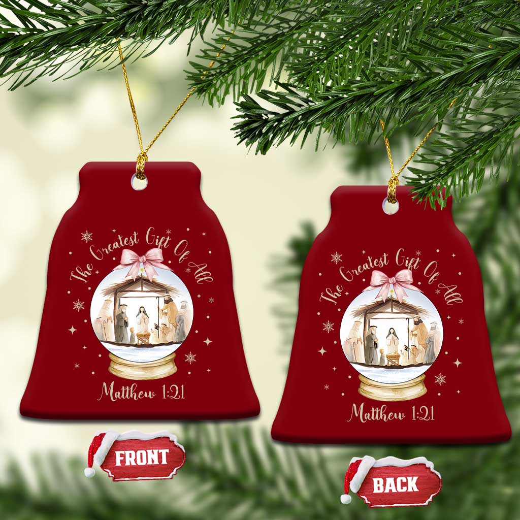 Nativity Scene Christmas Ceramic Ornament The Greatest Gift of All Christian Coquette Bow Matthew 1:21 TS10 Print Your Wear