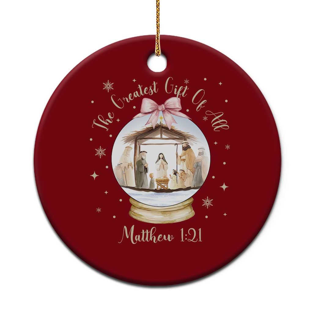 Nativity Scene Christmas Ceramic Ornament The Greatest Gift of All Christian Coquette Bow Matthew 1:21 TS10 1pc Red Print Your Wear