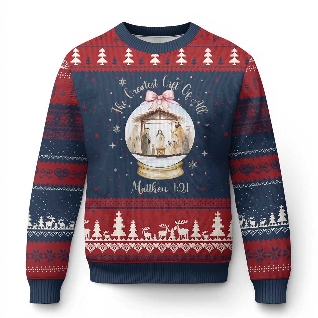 Nativity Scene Xmas Ugly Christmas Sweater The Greatest Gift of All Christian Coquette Bow Matthew 1:21 TS10 Navy Red Print Your Wear