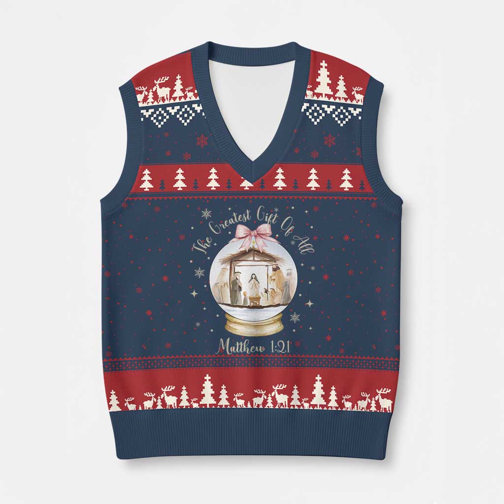 Nativity Scene Xmas V-Neck Knit Sweater Vest The Greatest Gift of All Christian Coquette Bow Matthew 1:21 TS10 Navy Red Print Your Wear