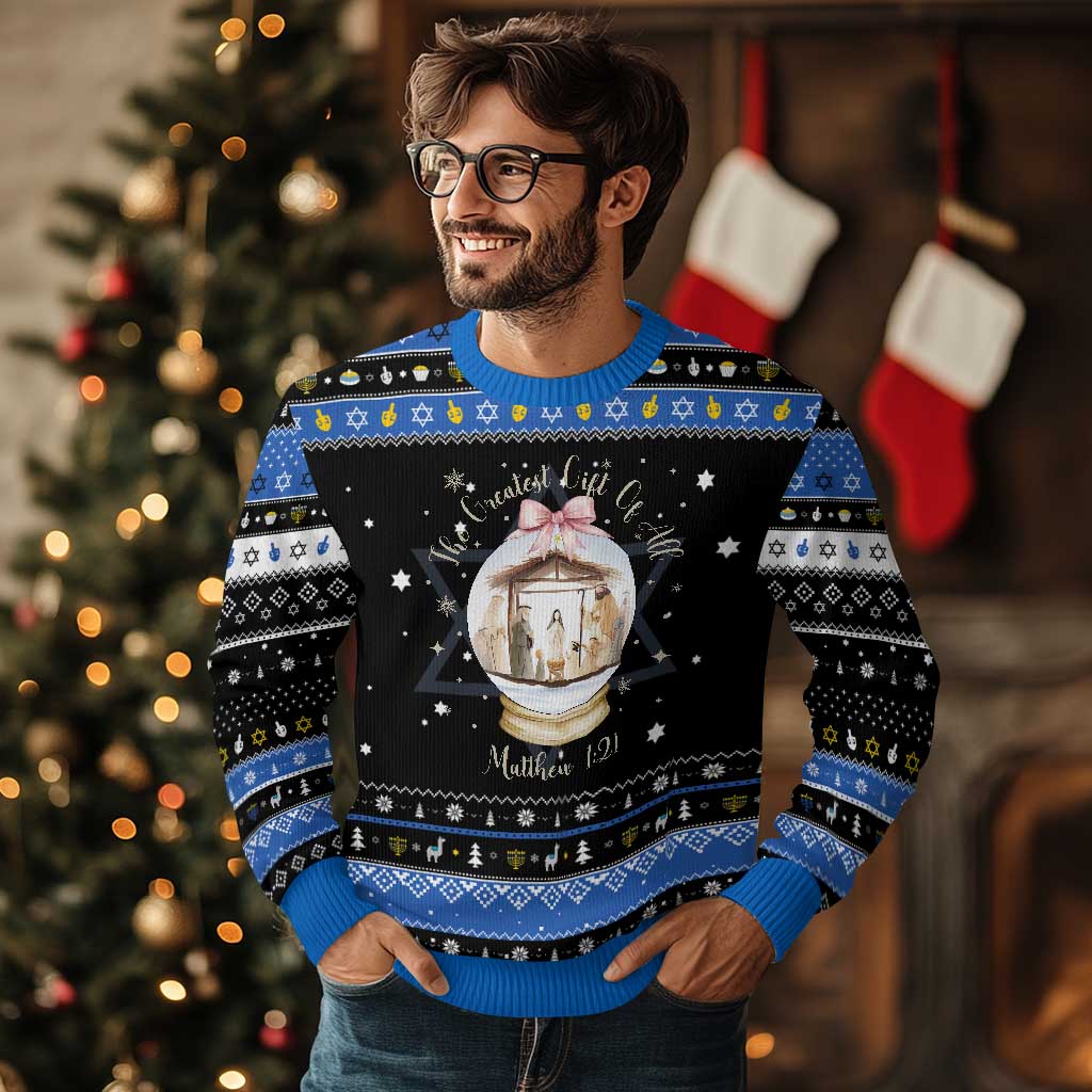 Nativity Scene Christmas Hanukkah Ugly Sweater The Greatest Gift of All Christian Coquette Bow Matthew 1:21 TS10 Black Blue Print Your Wear