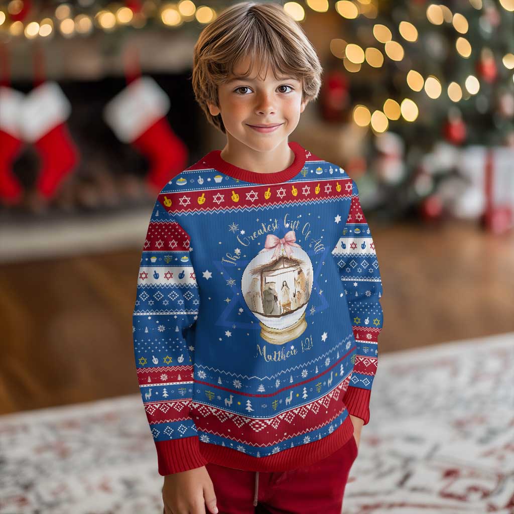 Nativity Scene Christmas Hanukkah Ugly Sweater The Greatest Gift of All Christian Coquette Bow Matthew 1:21 TS10 Blue Red Print Your Wear