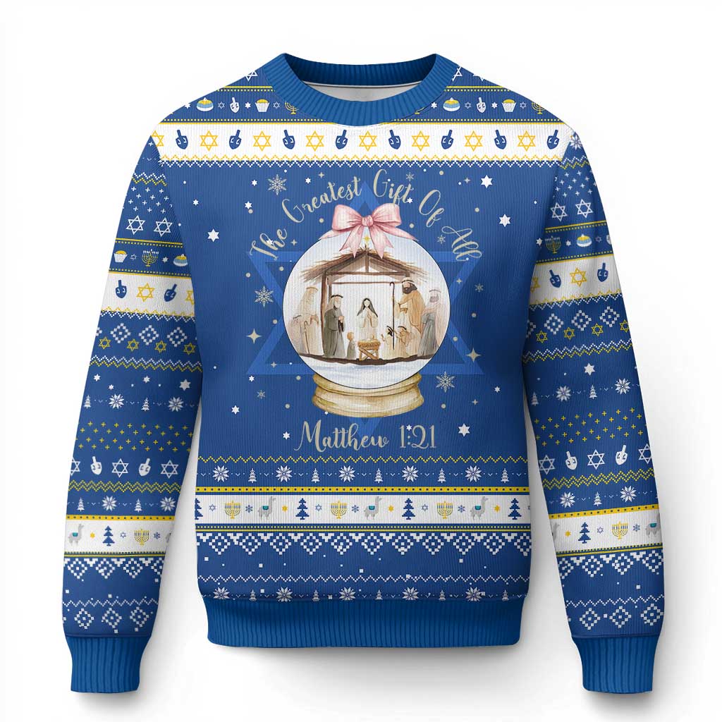 Nativity Scene Christmas Hanukkah Ugly Sweater The Greatest Gift of All Christian Coquette Bow Matthew 1:21 TS10 Blue White Print Your Wear