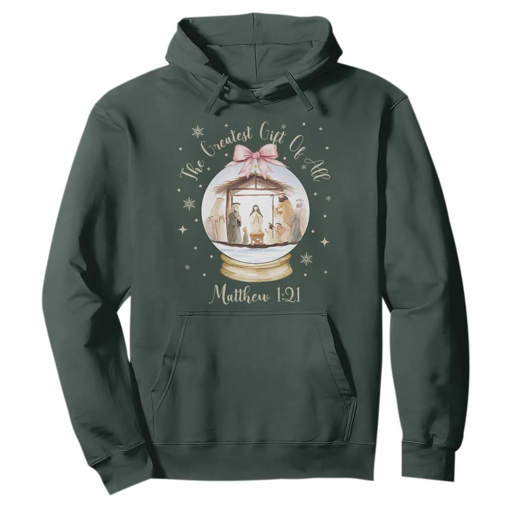 Nativity Scene Christmas Hoodie The Greatest Gift of All Christian Coquette Bow Matthew 1:21 TS10 Dark Forest Green Print Your Wear