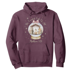 Nativity Scene Christmas Hoodie The Greatest Gift of All Christian Coquette Bow Matthew 1:21 TS10 Maroon Print Your Wear