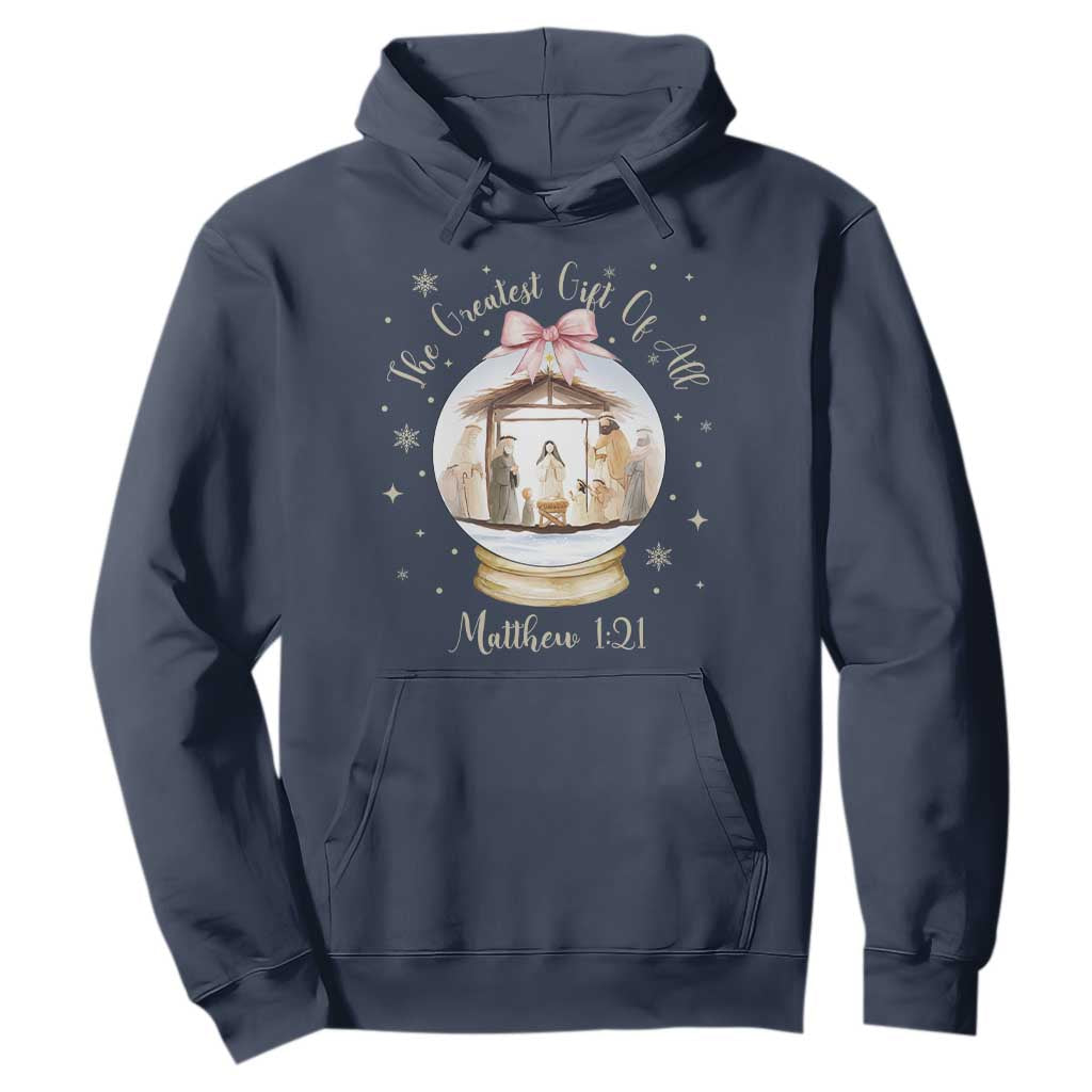Nativity Scene Christmas Hoodie The Greatest Gift of All Christian Coquette Bow Matthew 1:21 TS10 Navy Print Your Wear