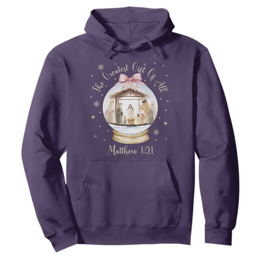 Nativity Scene Christmas Hoodie The Greatest Gift of All Christian Coquette Bow Matthew 1:21 TS10 Purple Print Your Wear