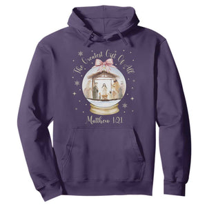 Nativity Scene Christmas Hoodie The Greatest Gift of All Christian Coquette Bow Matthew 1:21 TS10 Purple Print Your Wear