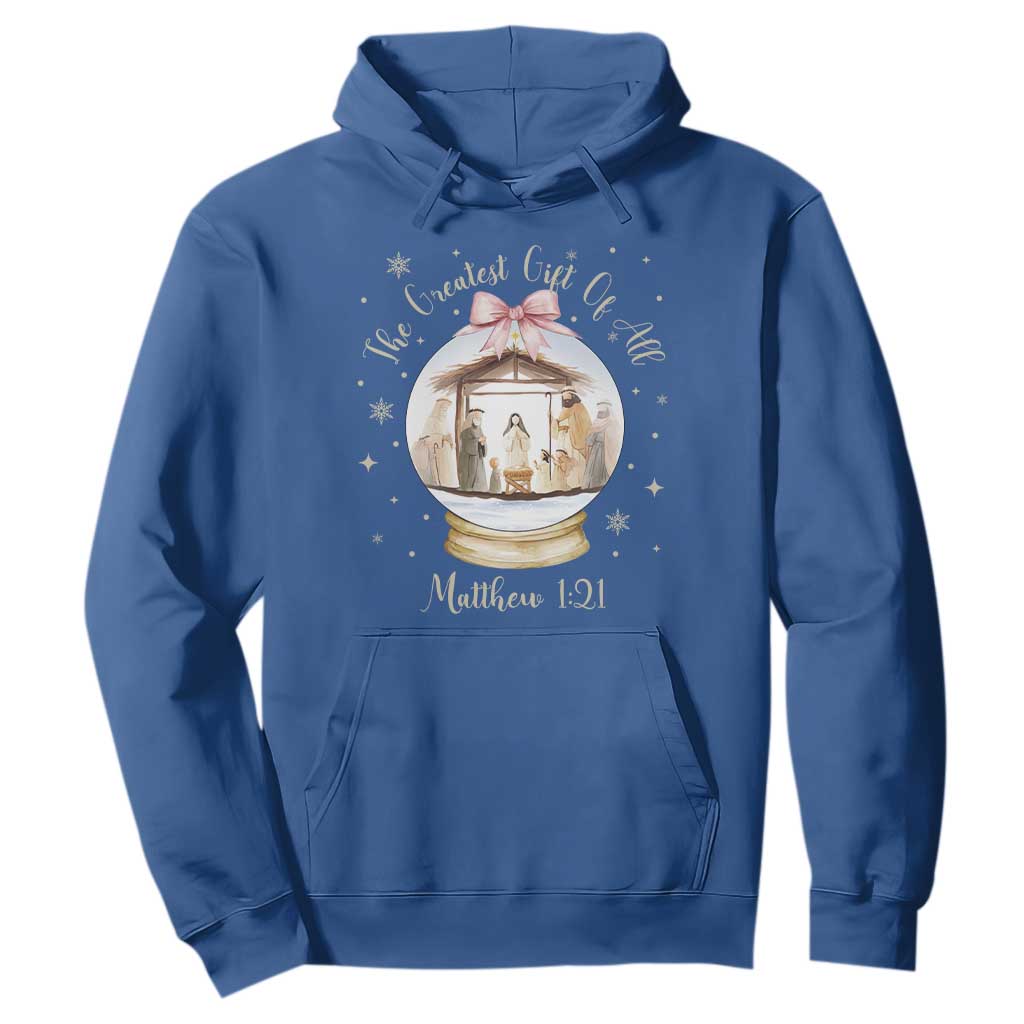 Nativity Scene Christmas Hoodie The Greatest Gift of All Christian Coquette Bow Matthew 1:21 TS10 Royal Blue Print Your Wear