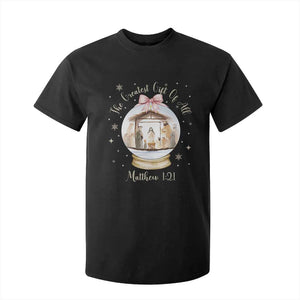 Nativity Scene Christmas T Shirt For Kid The Greatest Gift of All Christian Coquette Bow Matthew 1:21 TS10 Black Print Your Wear