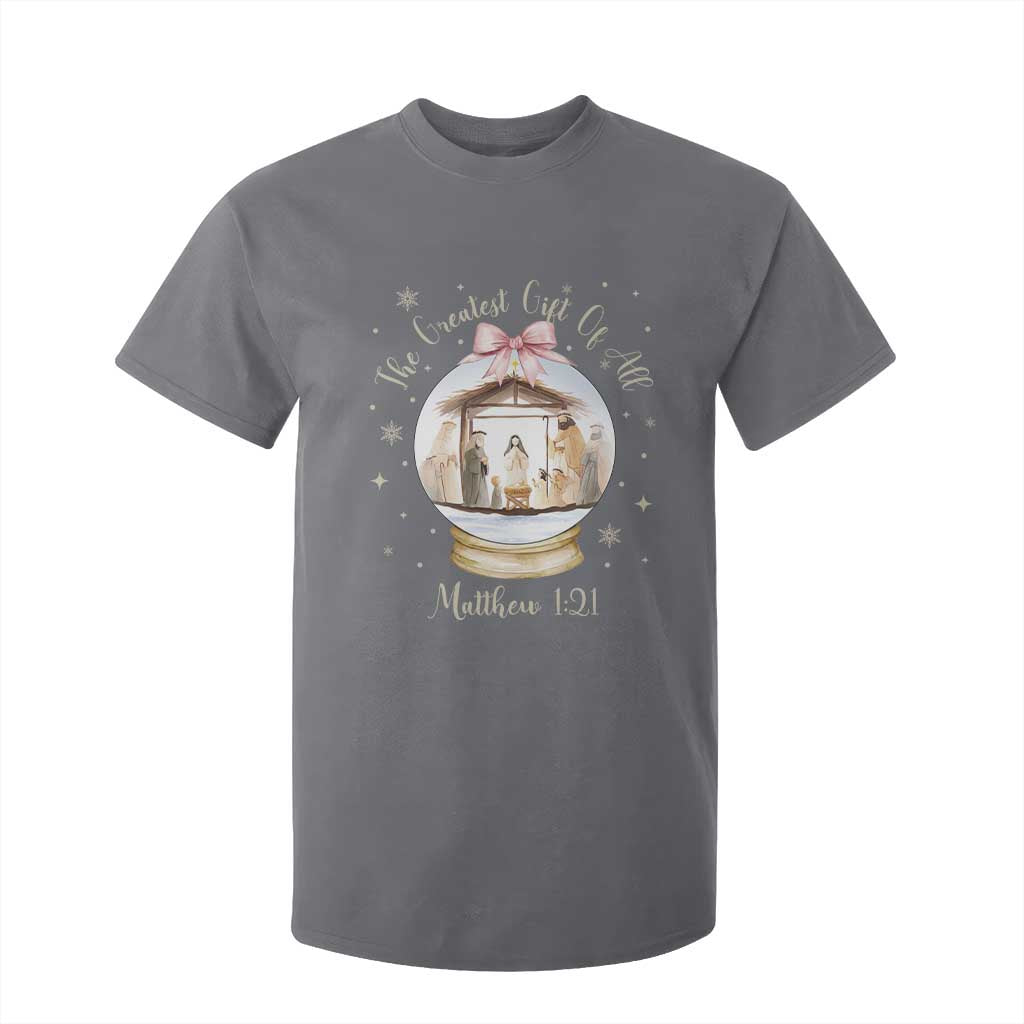 Nativity Scene Christmas T Shirt For Kid The Greatest Gift of All Christian Coquette Bow Matthew 1:21 TS10 Charcoal Print Your Wear