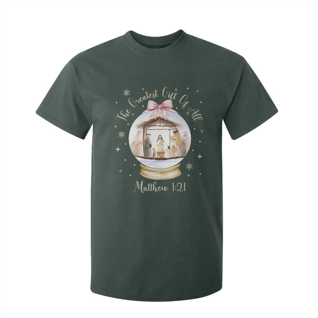 Nativity Scene Christmas T Shirt For Kid The Greatest Gift of All Christian Coquette Bow Matthew 1:21 TS10 Dark Forest Green Print Your Wear