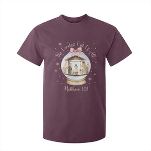 Nativity Scene Christmas T Shirt For Kid The Greatest Gift of All Christian Coquette Bow Matthew 1:21 TS10 Maroon Print Your Wear