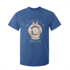 Nativity Scene Christmas T Shirt For Kid The Greatest Gift of All Christian Coquette Bow Matthew 1:21 TS10 Royal Blue Print Your Wear
