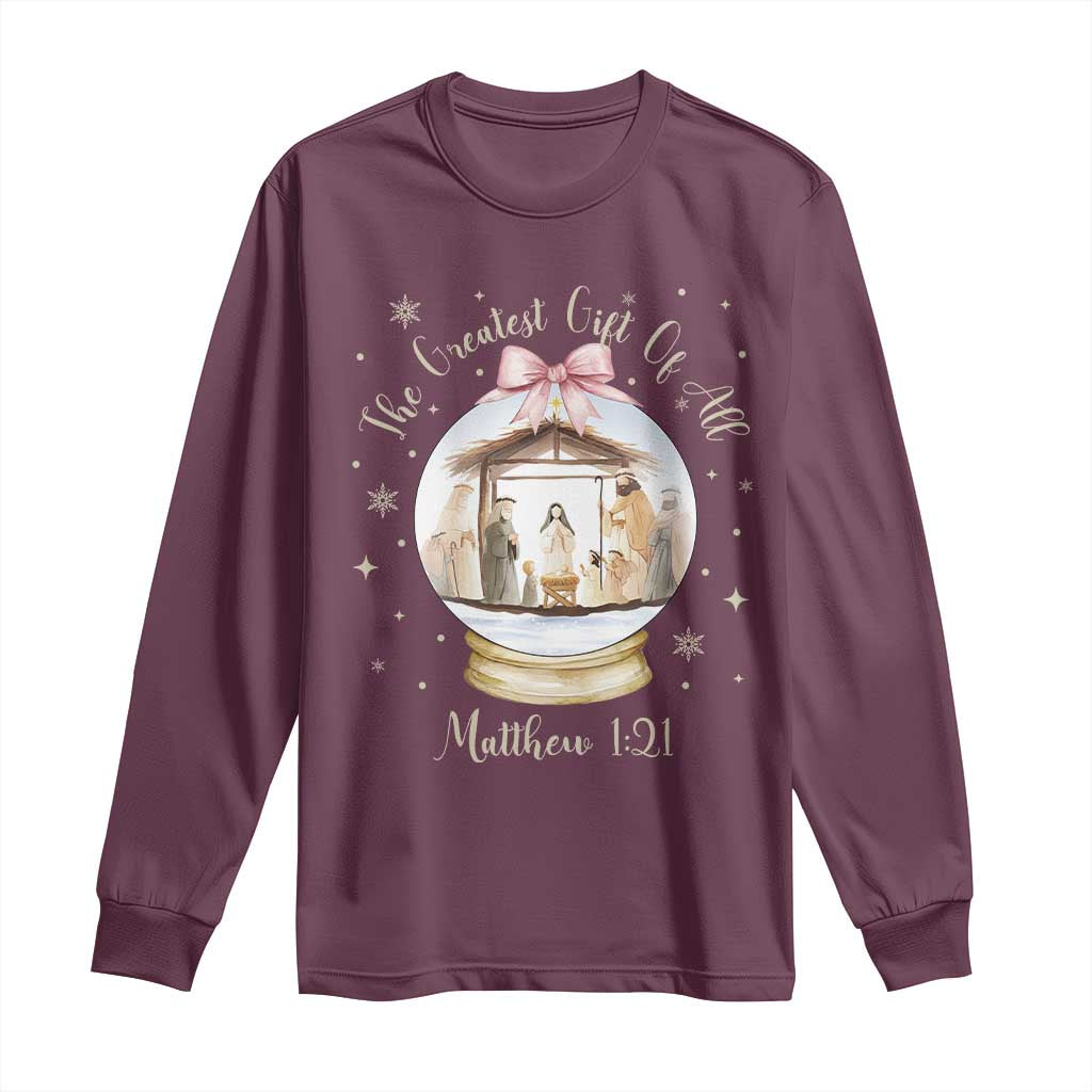 Nativity Scene Christmas Long Sleeve Shirt The Greatest Gift of All Christian Coquette Bow Matthew 1:21 TS10 Maroon Print Your Wear