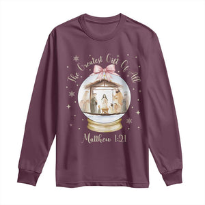 Nativity Scene Christmas Long Sleeve Shirt The Greatest Gift of All Christian Coquette Bow Matthew 1:21 TS10 Maroon Print Your Wear
