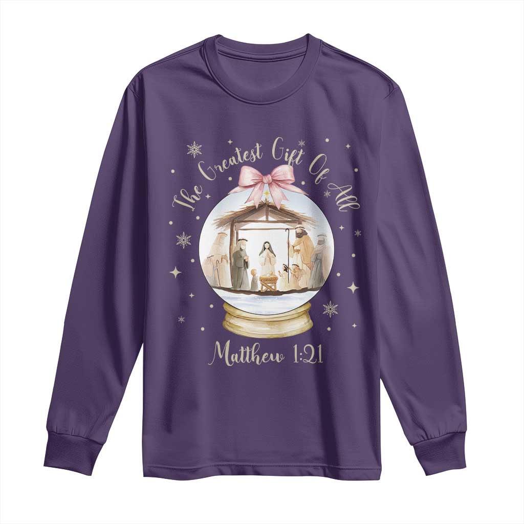 Nativity Scene Christmas Long Sleeve Shirt The Greatest Gift of All Christian Coquette Bow Matthew 1:21 TS10 Purple Print Your Wear