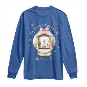 Nativity Scene Christmas Long Sleeve Shirt The Greatest Gift of All Christian Coquette Bow Matthew 1:21 TS10 Royal Blue Print Your Wear