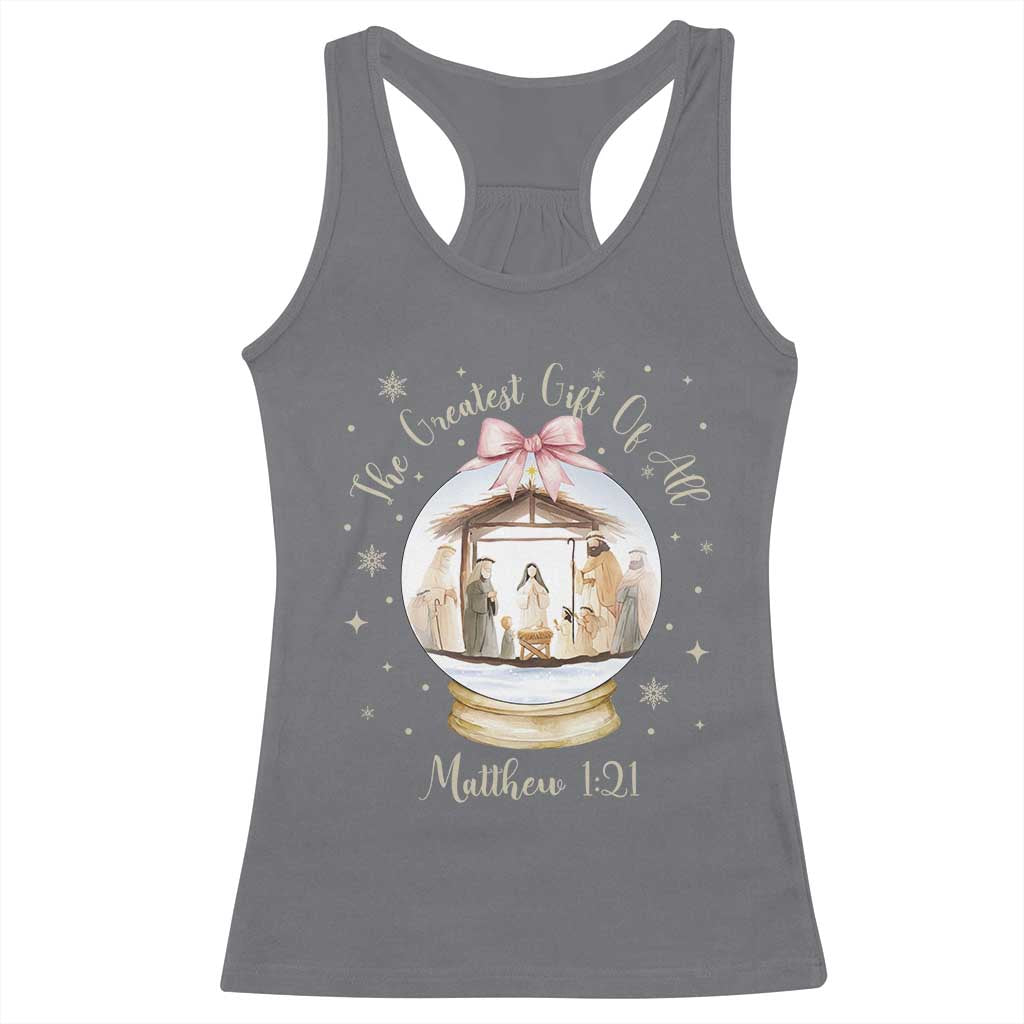 Nativity Scene Christmas Racerback Tank Top The Greatest Gift of All Christian Coquette Bow Matthew 1:21 TS10 Charcoal Print Your Wear
