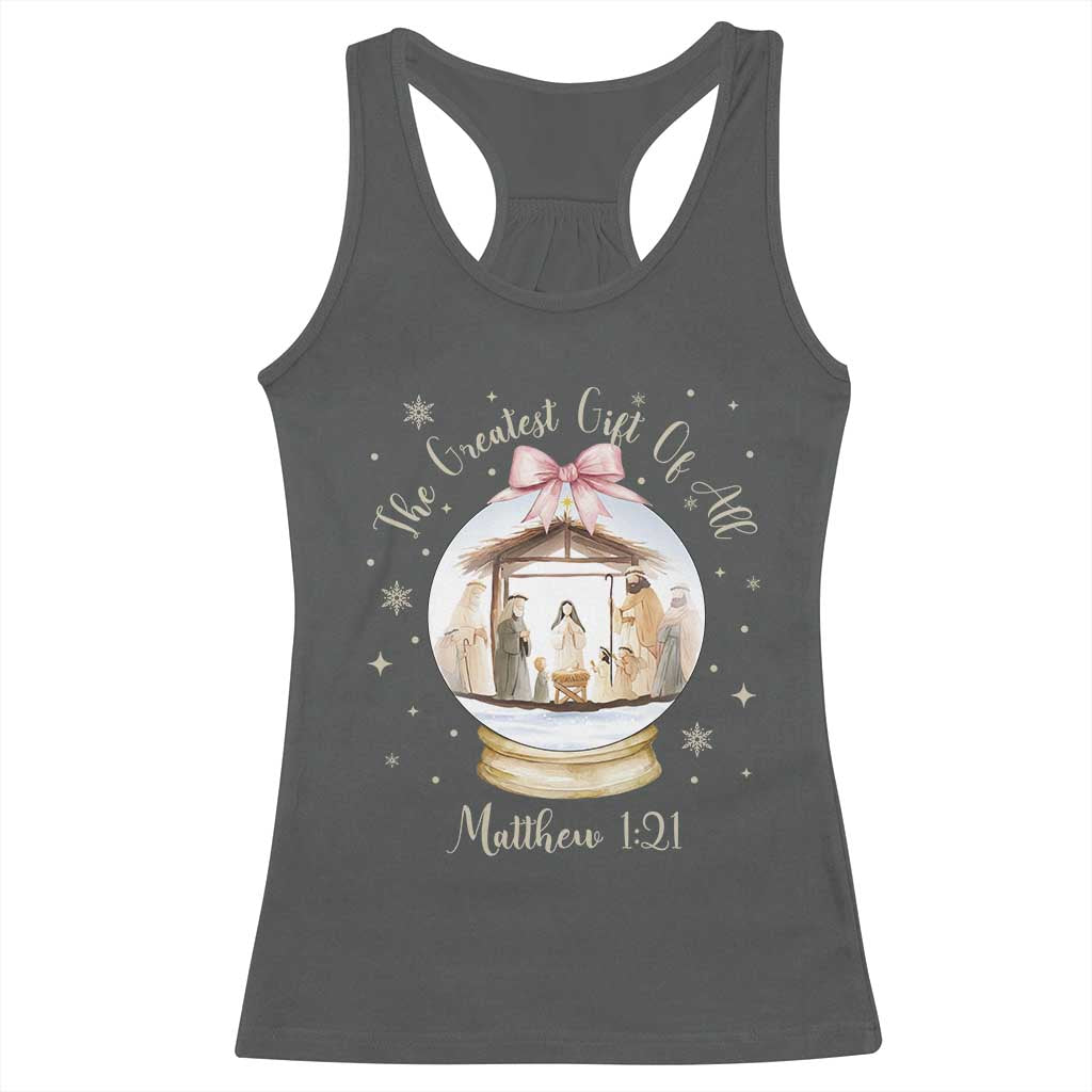 Nativity Scene Christmas Racerback Tank Top The Greatest Gift of All Christian Coquette Bow Matthew 1:21 TS10 Dark Heather Print Your Wear