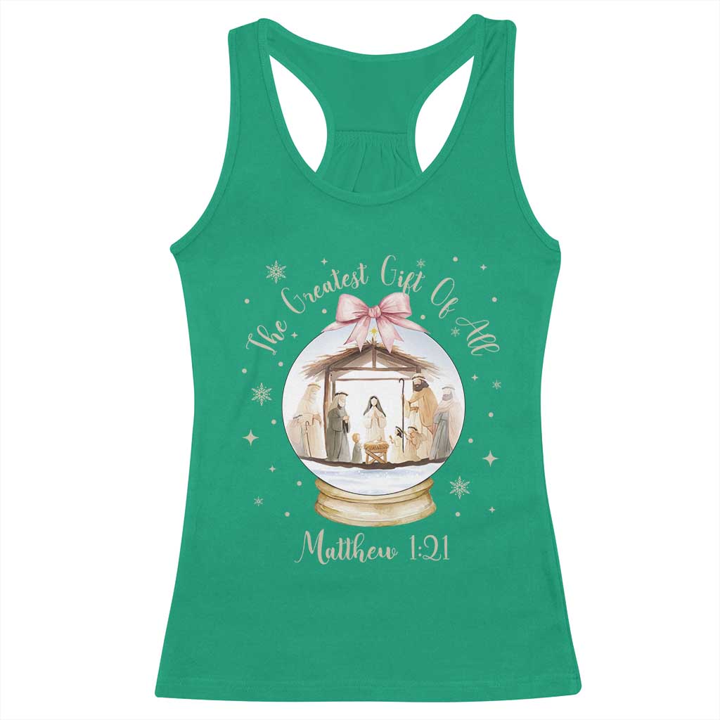 Nativity Scene Christmas Racerback Tank Top The Greatest Gift of All Christian Coquette Bow Matthew 1:21 TS10 Irish Green Print Your Wear