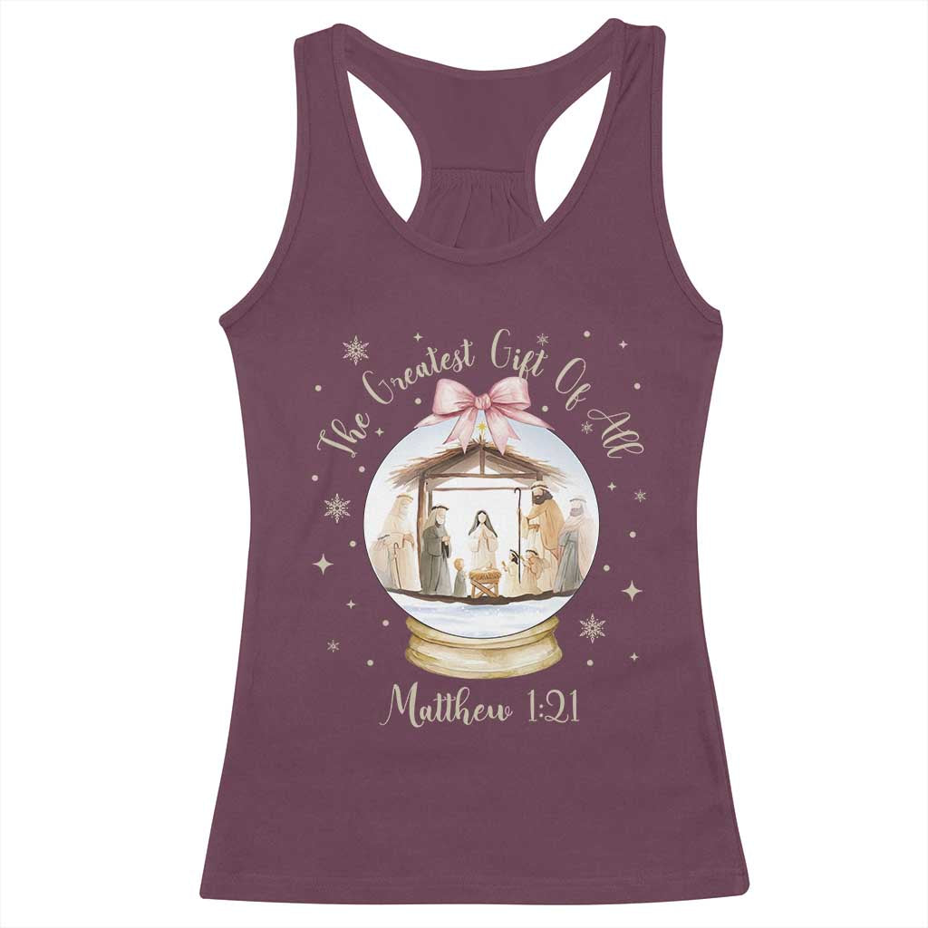 Nativity Scene Christmas Racerback Tank Top The Greatest Gift of All Christian Coquette Bow Matthew 1:21 TS10 Maroon Print Your Wear
