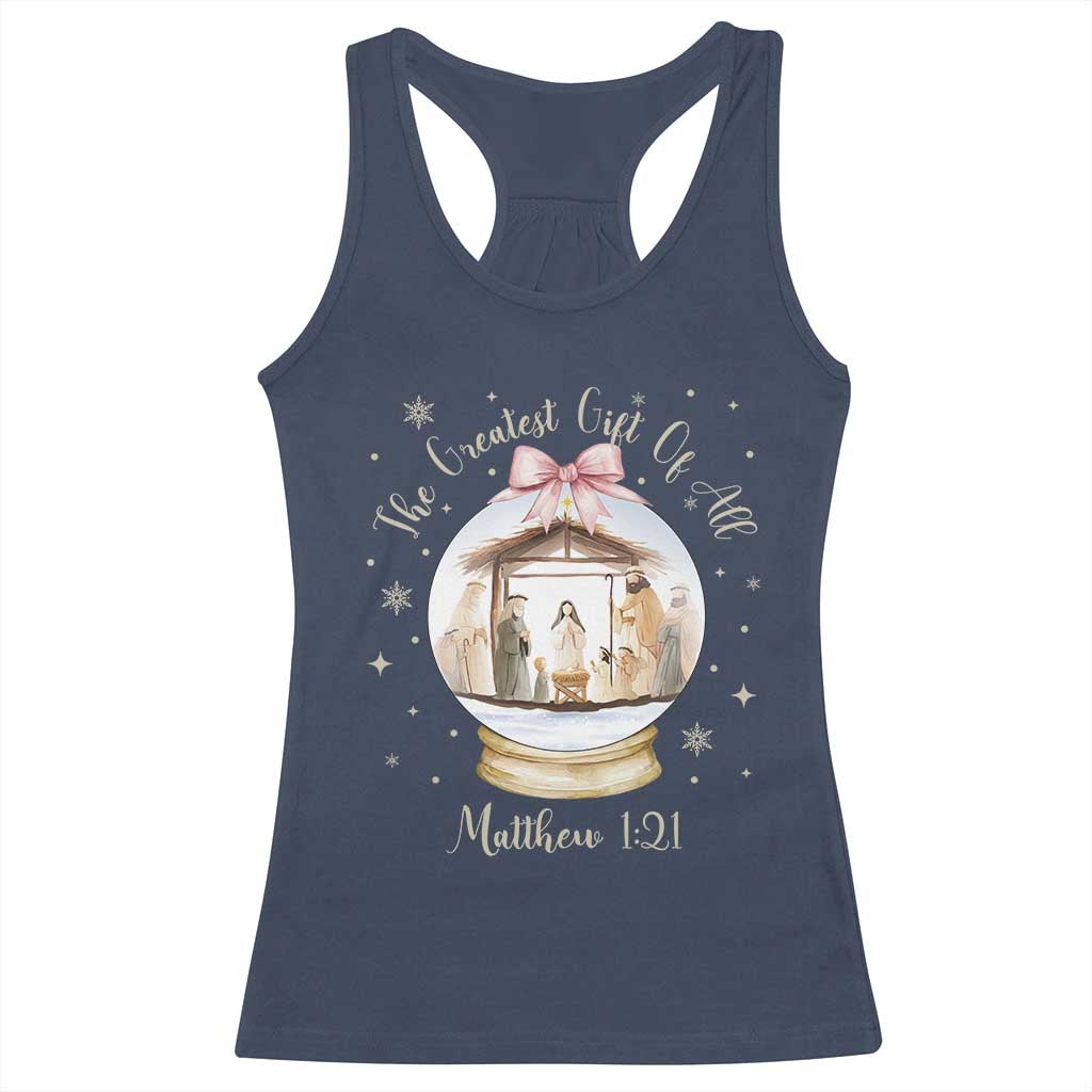 Nativity Scene Christmas Racerback Tank Top The Greatest Gift of All Christian Coquette Bow Matthew 1:21 TS10 Navy Print Your Wear