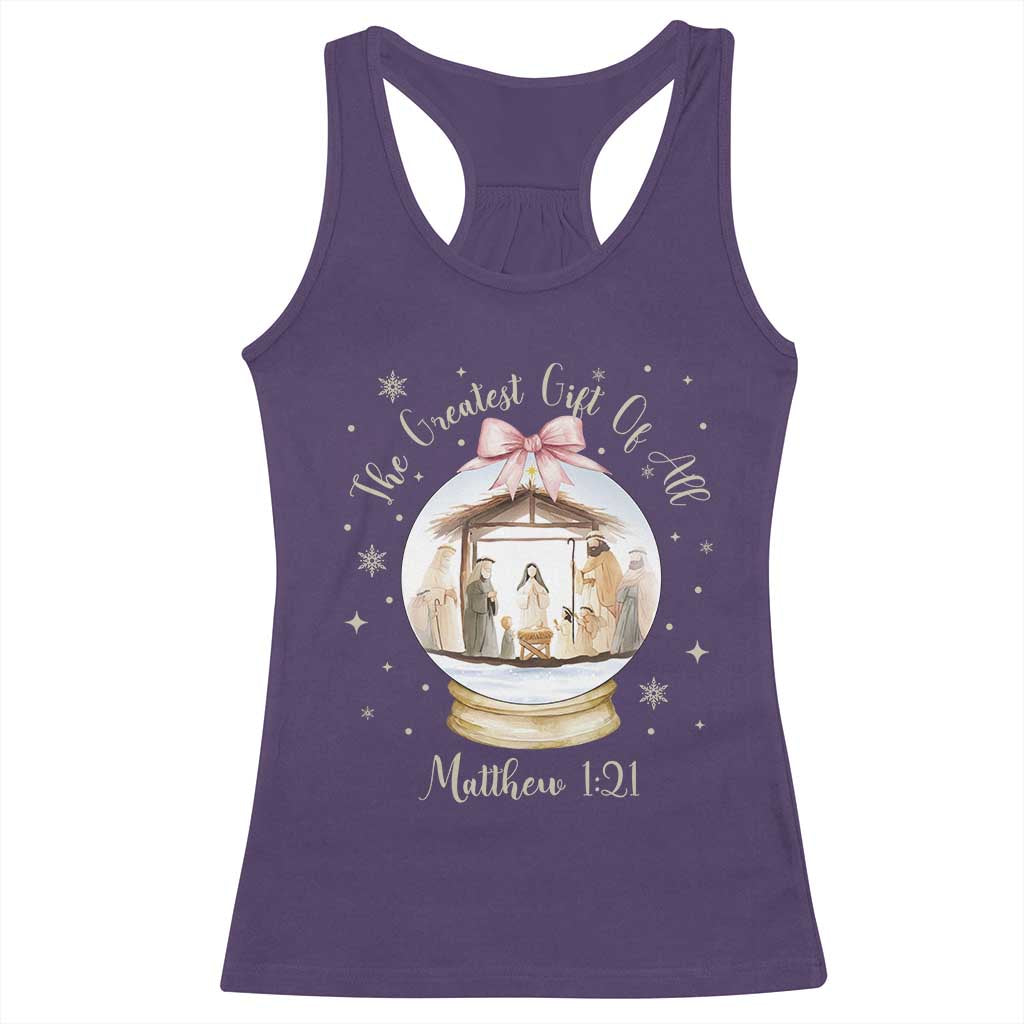 Nativity Scene Christmas Racerback Tank Top The Greatest Gift of All Christian Coquette Bow Matthew 1:21 TS10 Purple Print Your Wear