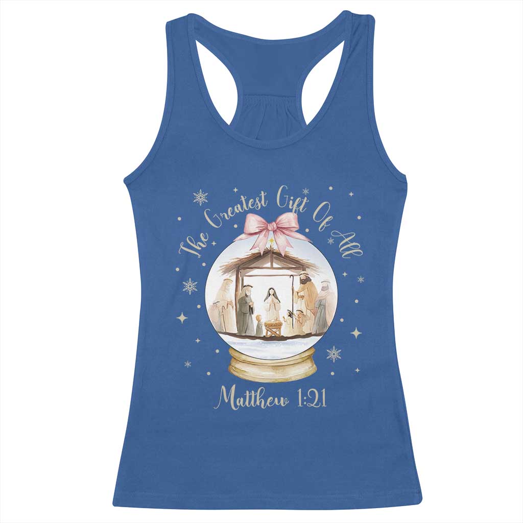 Nativity Scene Christmas Racerback Tank Top The Greatest Gift of All Christian Coquette Bow Matthew 1:21 TS10 Royal Blue Print Your Wear