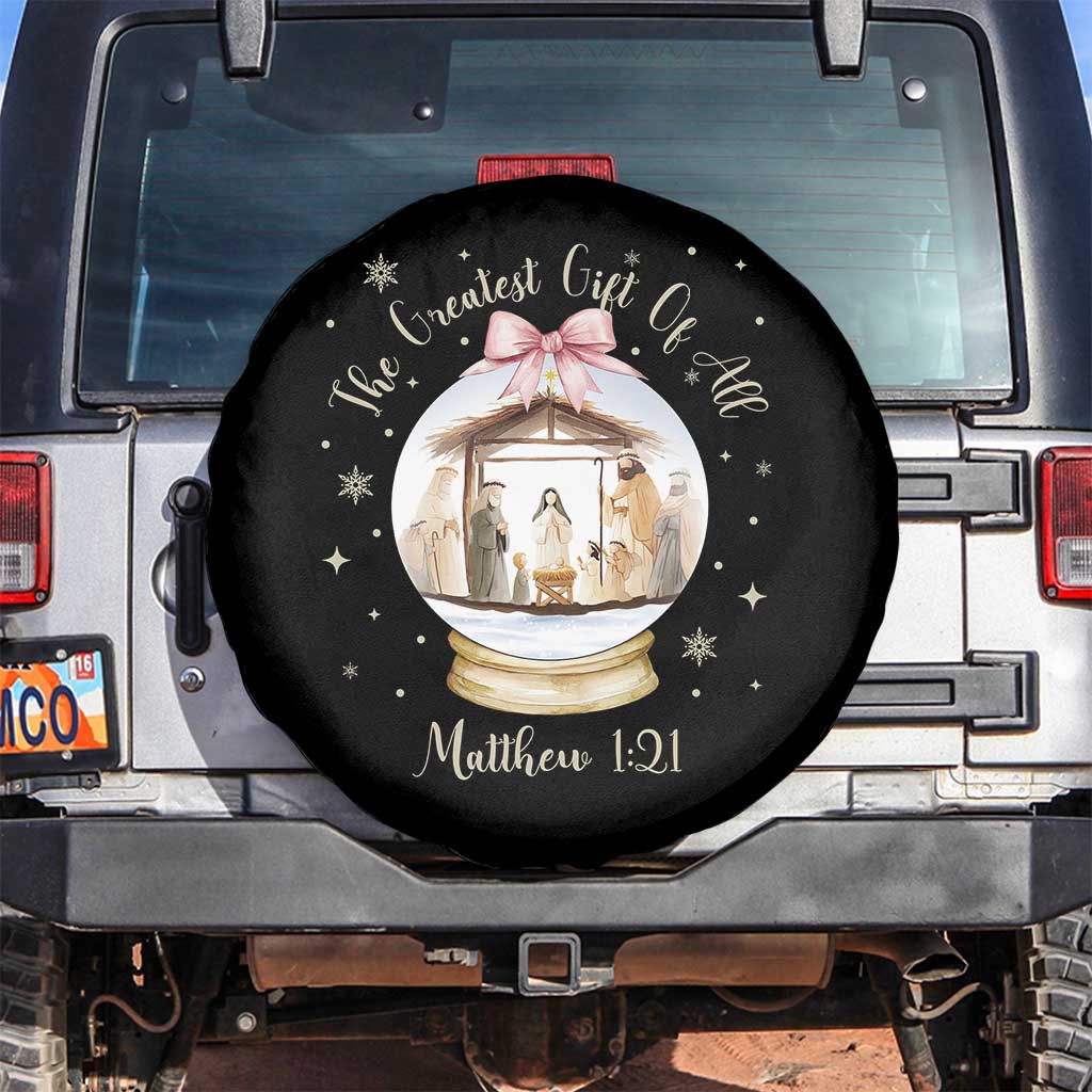 Nativity Scene Christmas Spare Tire Cover The Greatest Gift of All Christian Coquette Bow Matthew 1:21 TS10 No hole Black Print Your Wear