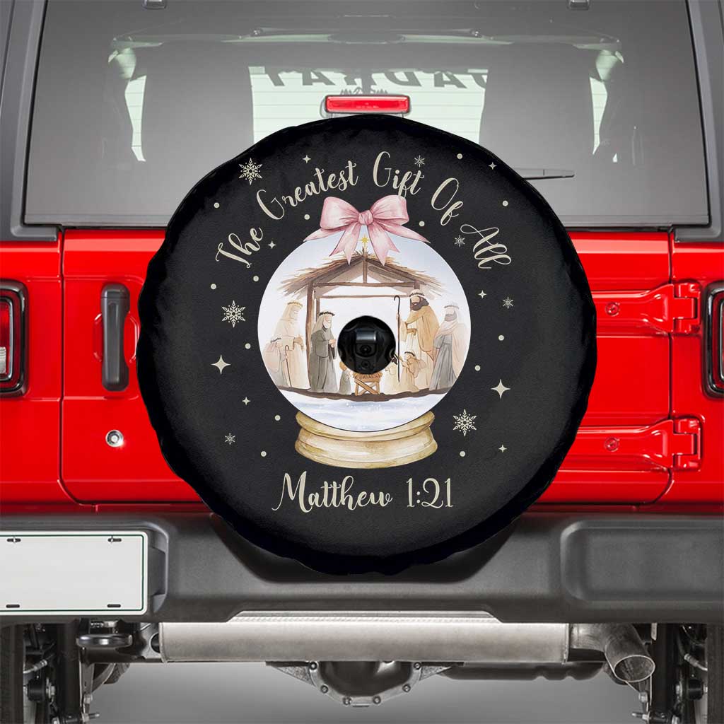 Nativity Scene Christmas Spare Tire Cover The Greatest Gift of All Christian Coquette Bow Matthew 1:21 TS10 Black Print Your Wear