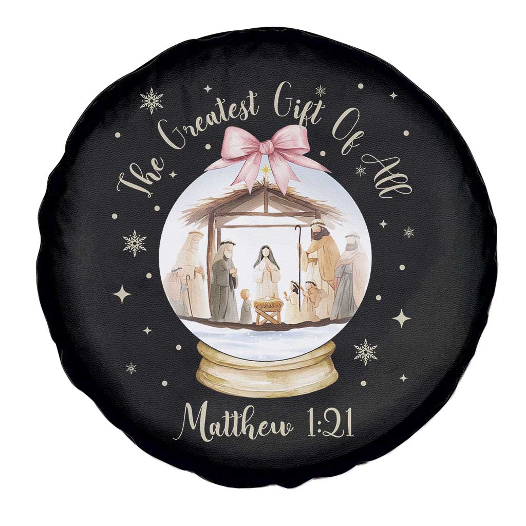 Nativity Scene Christmas Spare Tire Cover The Greatest Gift of All Christian Coquette Bow Matthew 1:21 TS10 Print Your Wear