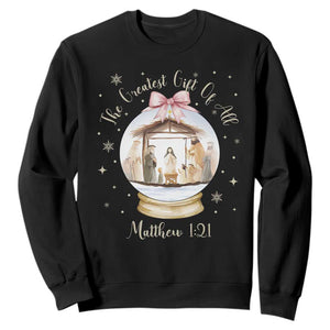 Nativity Scene Christmas Sweatshirt The Greatest Gift of All Christian Coquette Bow Matthew 1:21 TS10 Black Print Your Wear