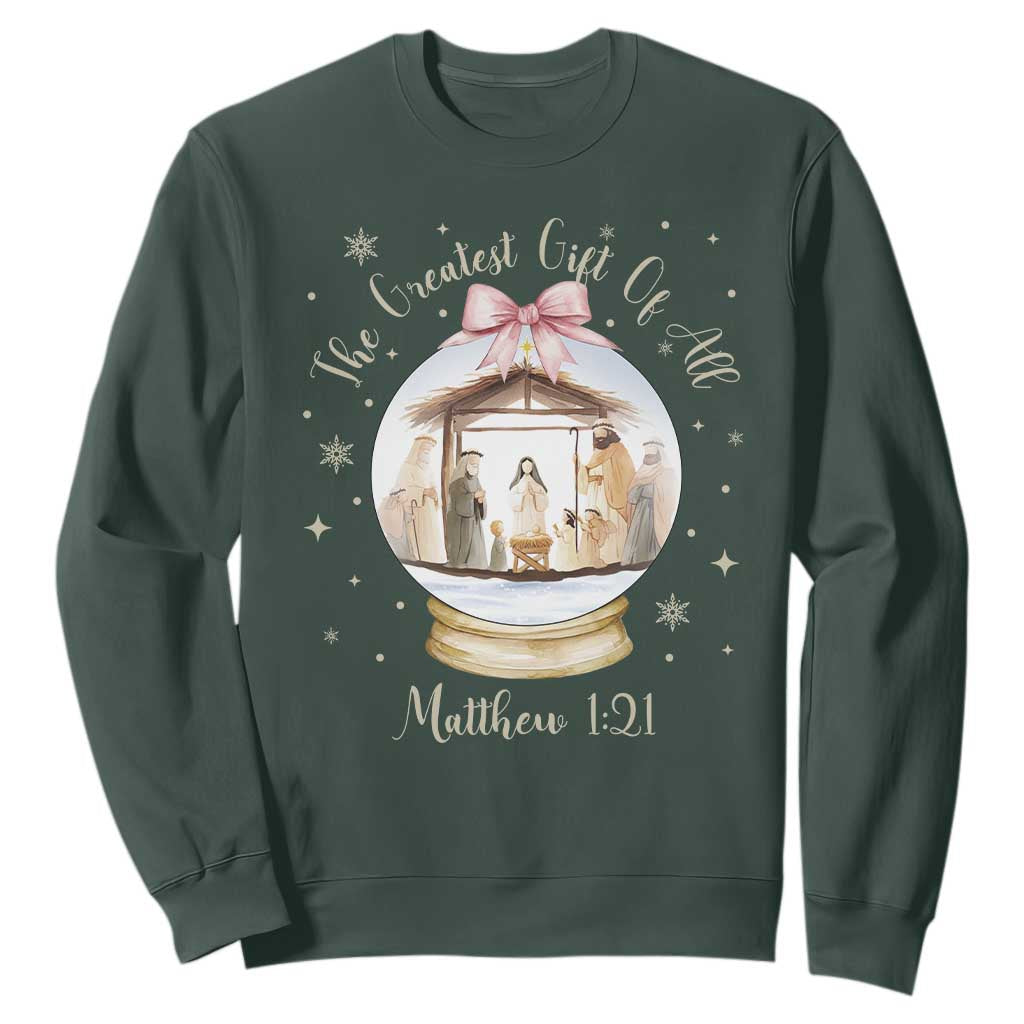 Nativity Scene Christmas Sweatshirt The Greatest Gift of All Christian Coquette Bow Matthew 1:21 TS10 Dark Forest Green Print Your Wear