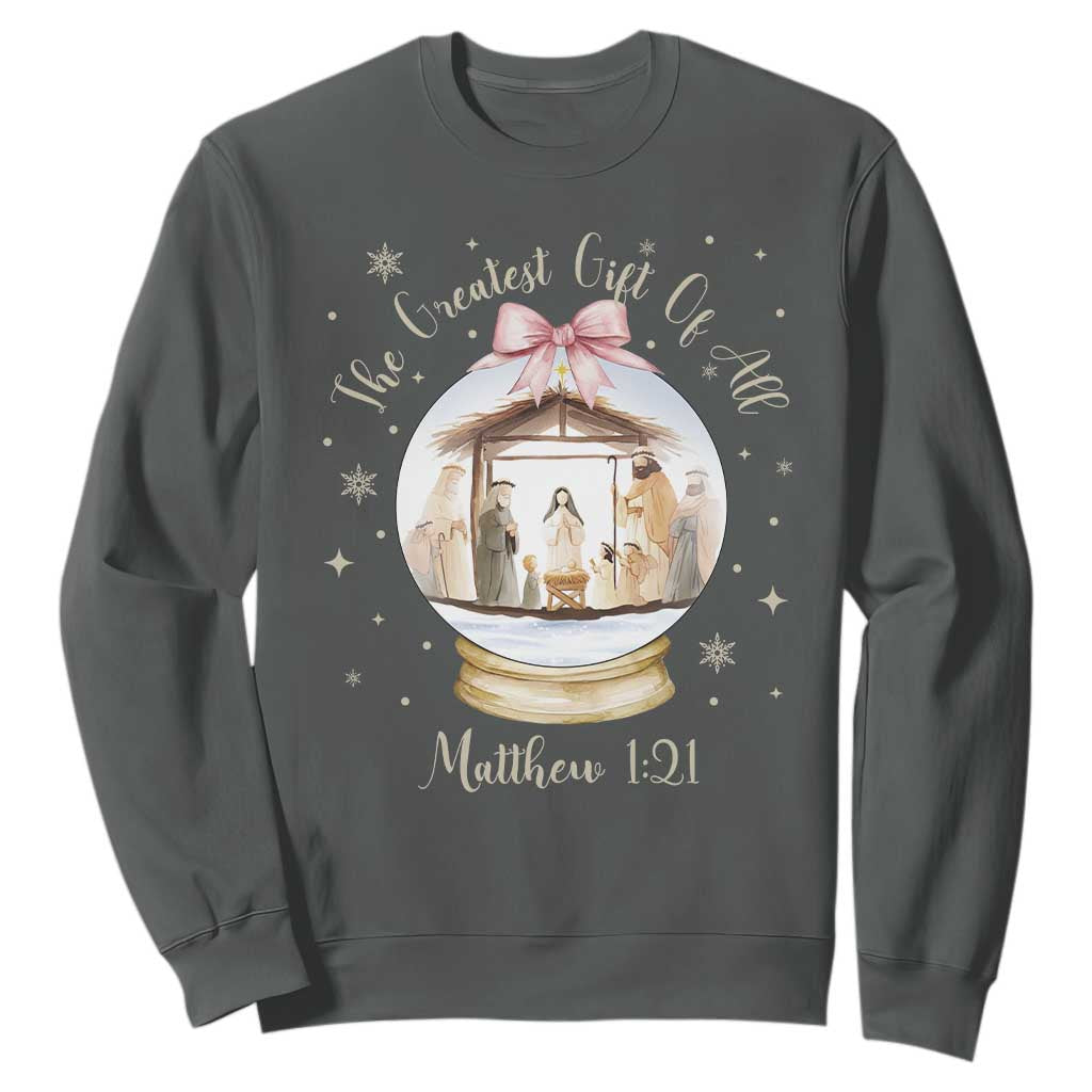 Nativity Scene Christmas Sweatshirt The Greatest Gift of All Christian Coquette Bow Matthew 1:21 TS10 Dark Heather Print Your Wear