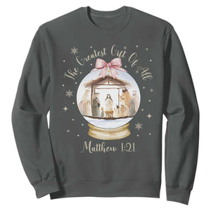 Nativity Scene Christmas Sweatshirt The Greatest Gift of All Christian Coquette Bow Matthew 1:21 TS10 Dark Heather Print Your Wear